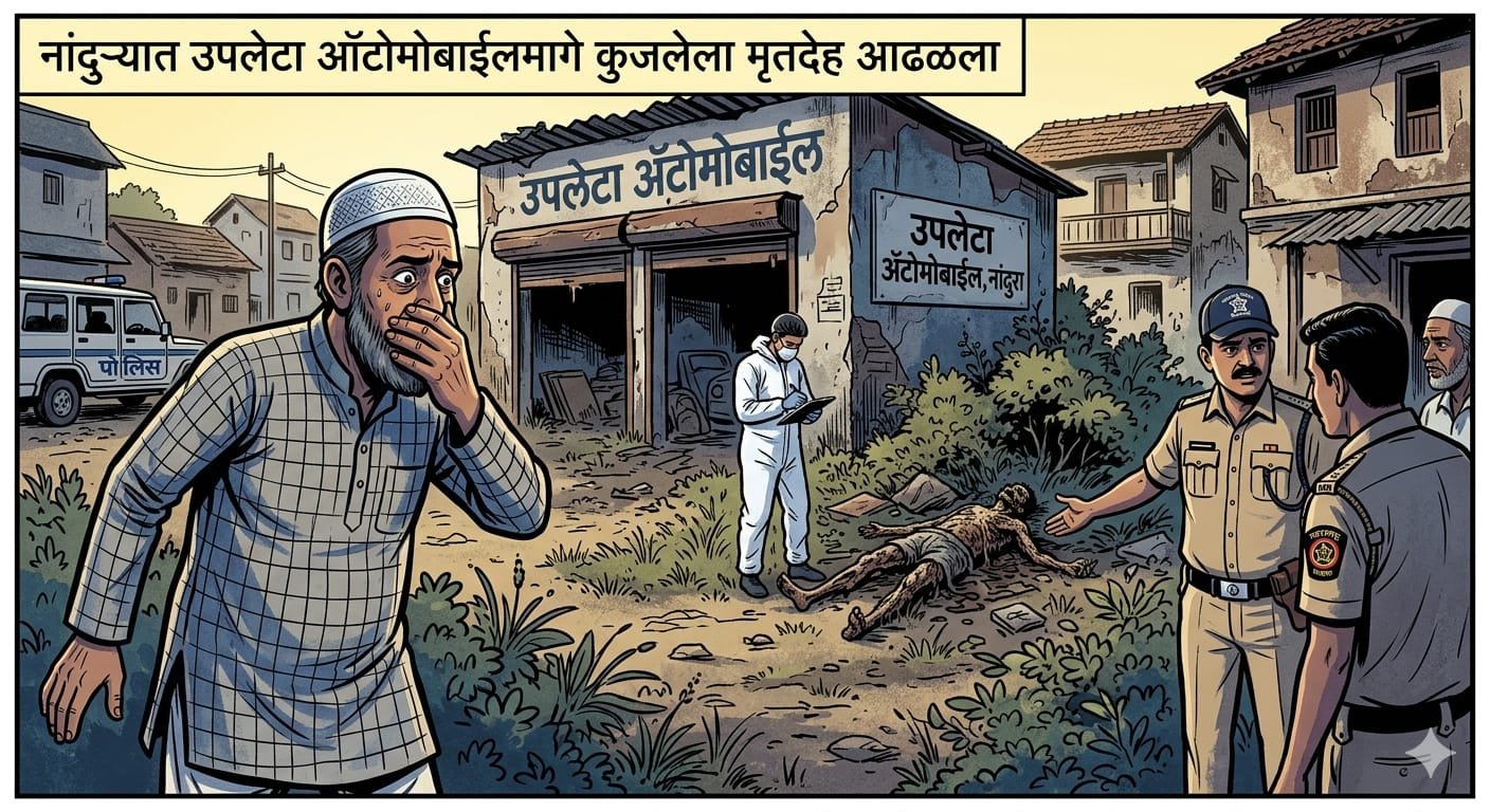 नांदुऱ्यात उपलेटा ऑटोमोबाईलमागे अनोळखी व्यक्तीचा कुजलेला मृतदेह आढळल्याने खळबळ